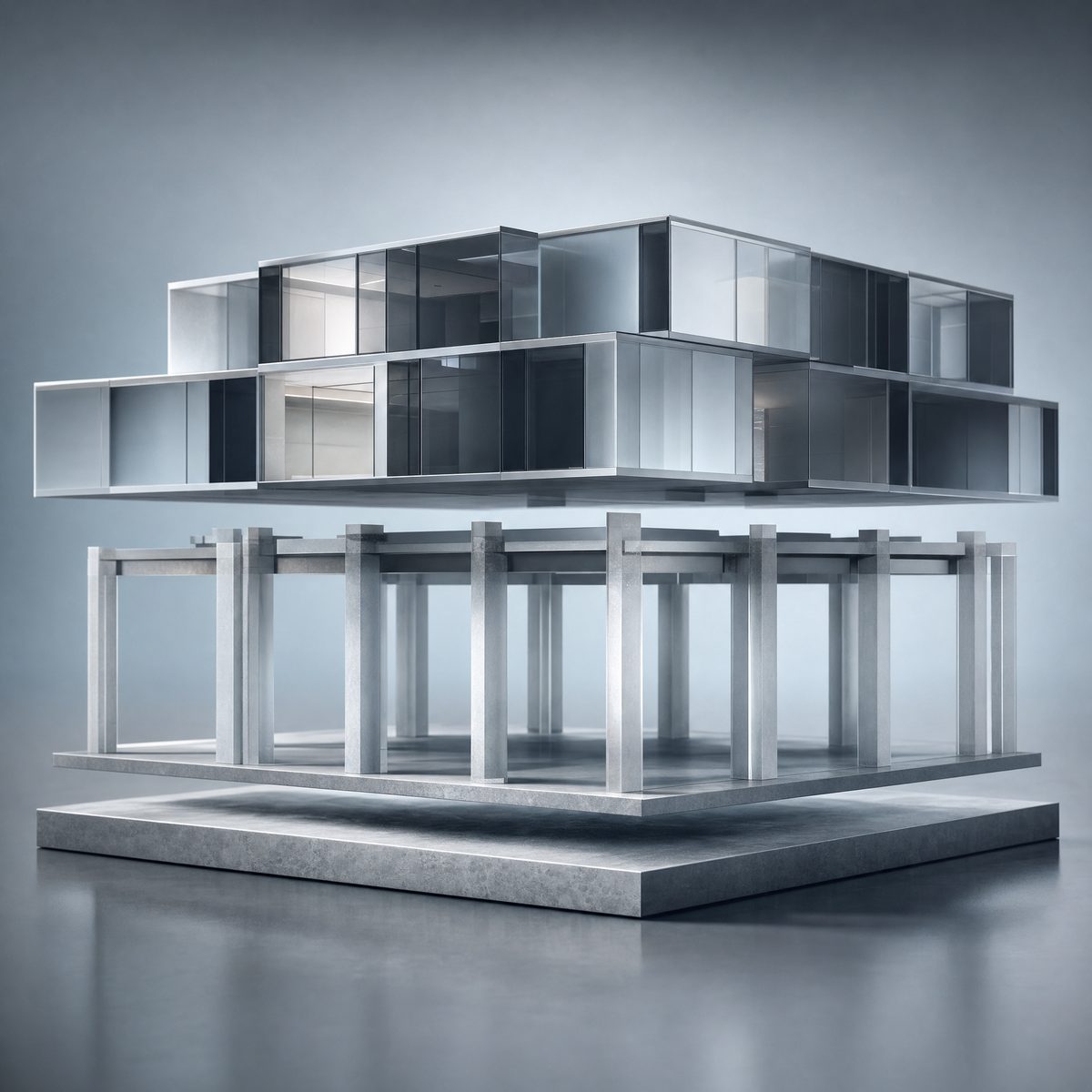 Una maqueta en corte de bloques de vidrio, desde los cimientos hasta las salas terminadas
