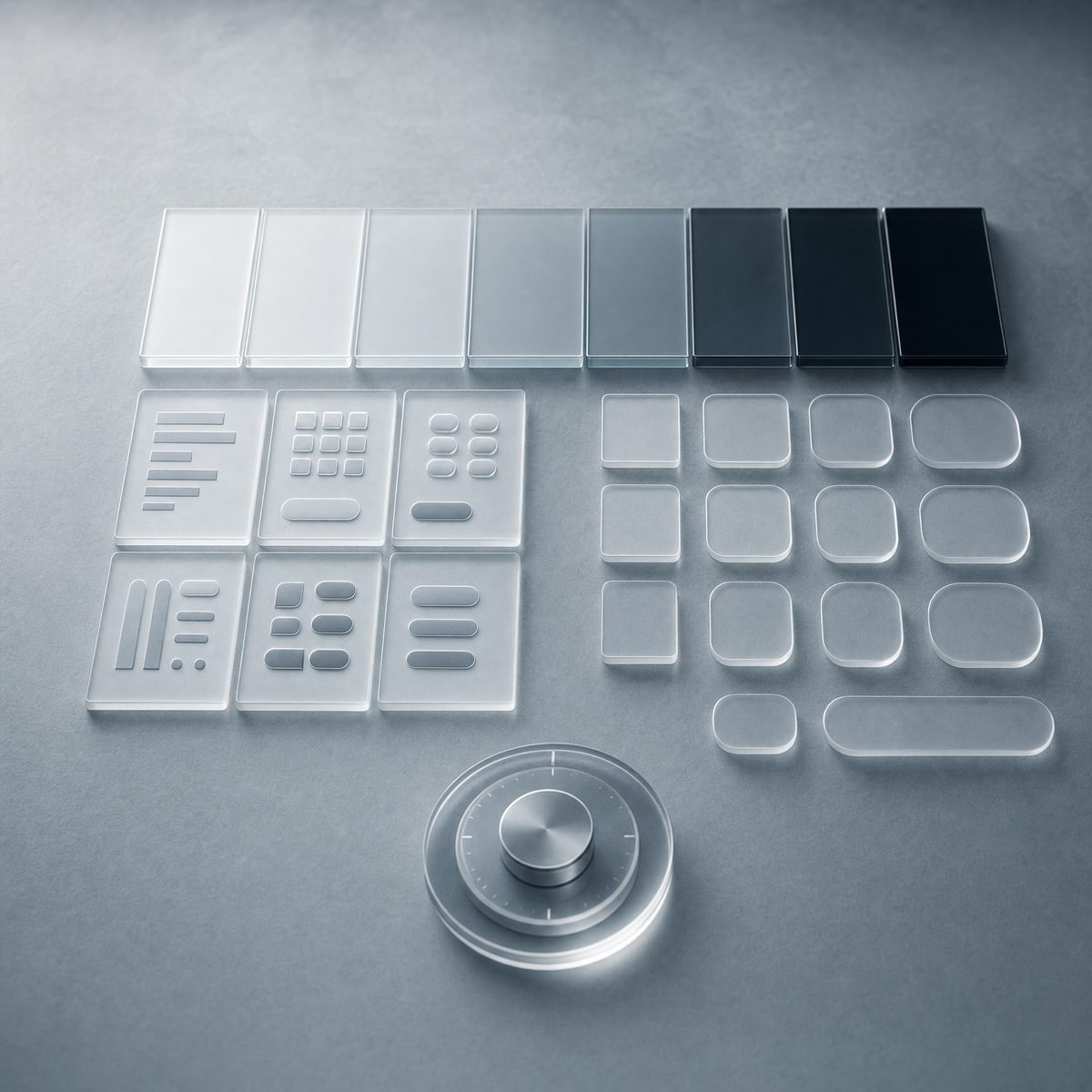 Glass color swatches, type specimens and corner samples laid out to personalize a brand