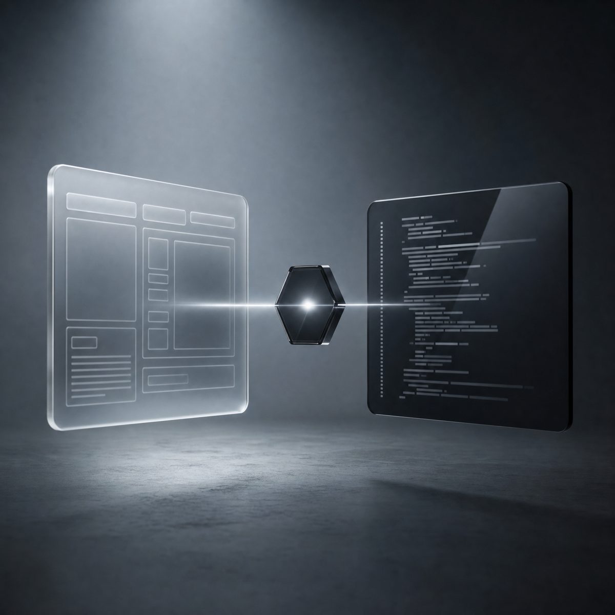 A glass design frame and a dark code panel joined by a beam of light through the Snapflow hexagon